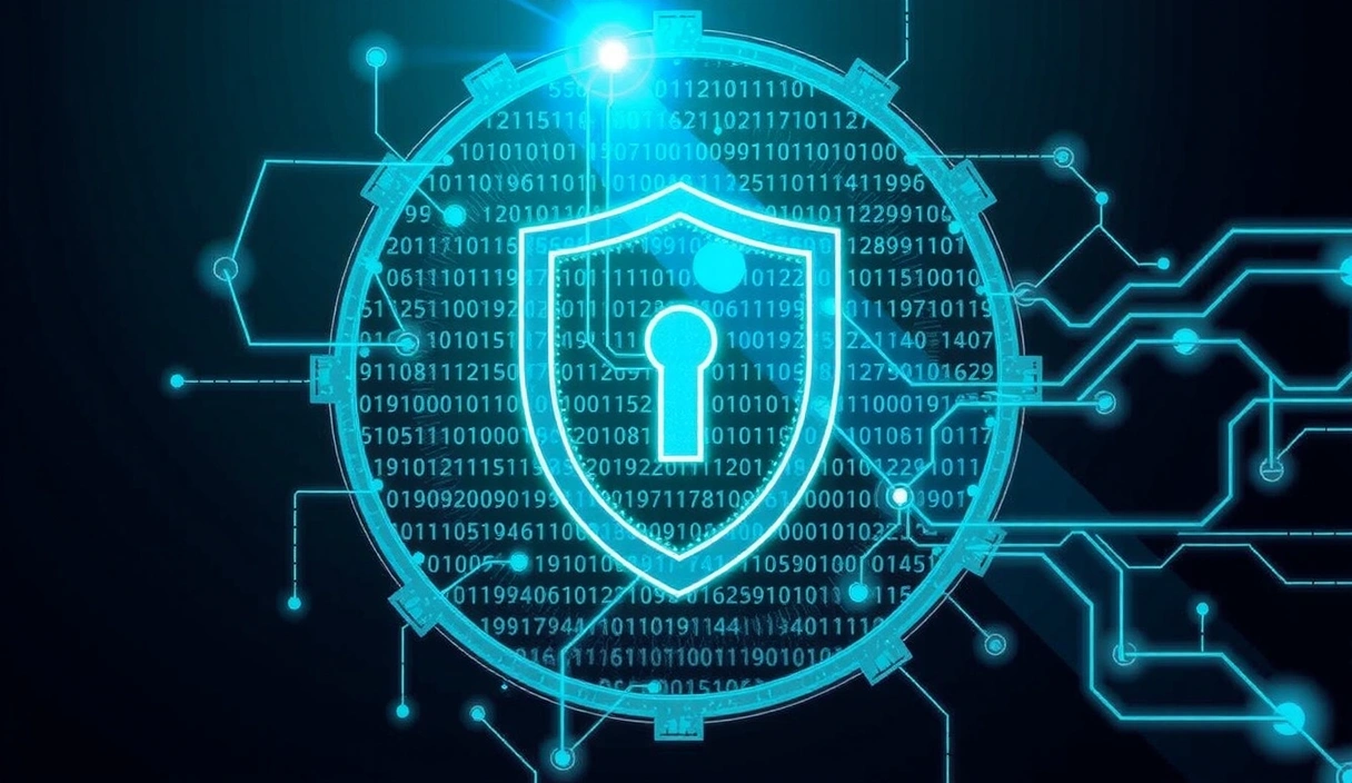 Abstrakt bilde som representerer cybersikkerhet med binærkode og et skjold.