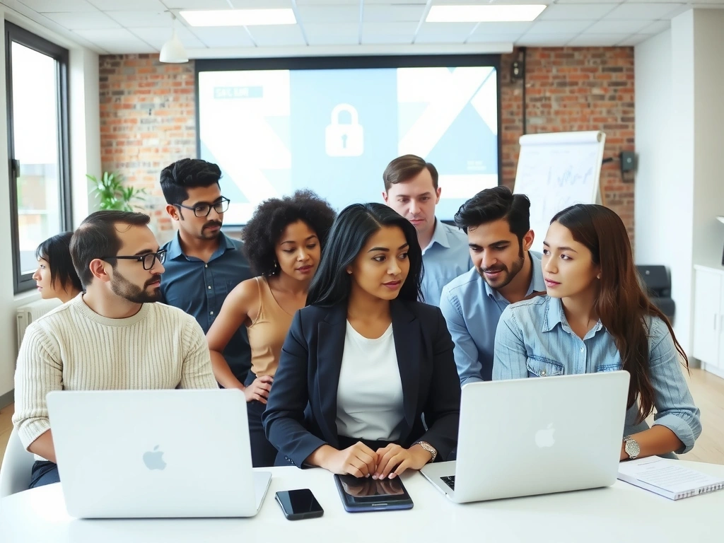 Bilde av en gruppe studenter som samarbeider foran datamaskiner, representerer målgruppen for cybersikkerhetskurset.