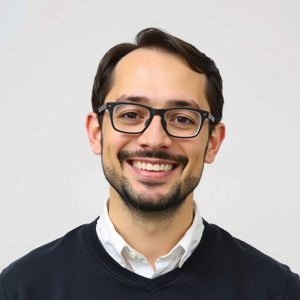 Portrett av en smilende IT-instruktør, en mann med kort hår og briller, kledd i en profesjonell skjorte, foran en nøytral bakgrunn.