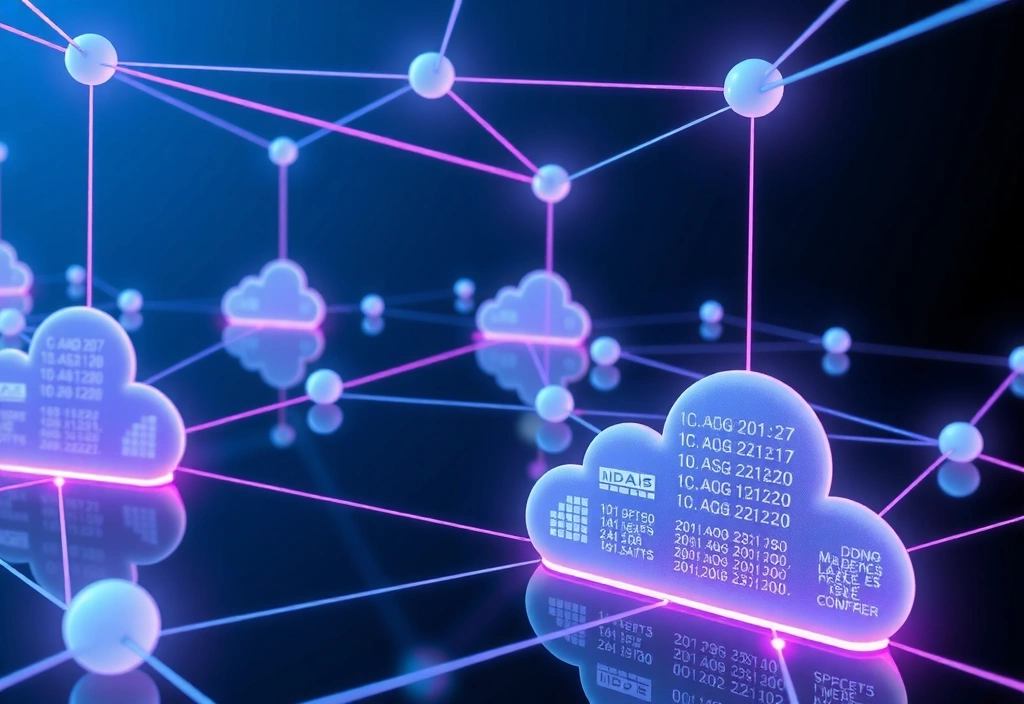 Cloud computing infrastructure visualized with abstract network connections and data flow.