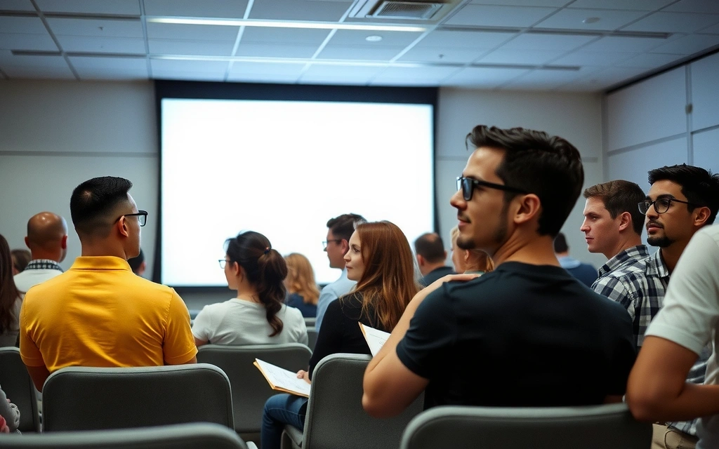Group of people attending a tech conference, engaged and taking notes, with a presentation screen in the background.