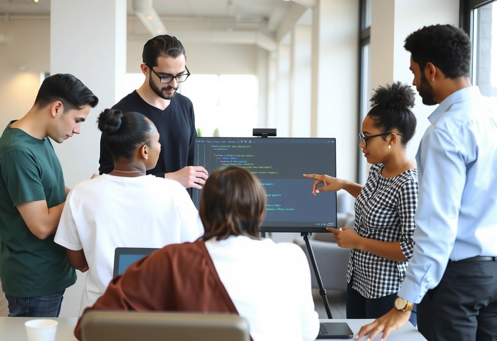 Group of diverse IT professionals collaborating on a project in a modern office environment.