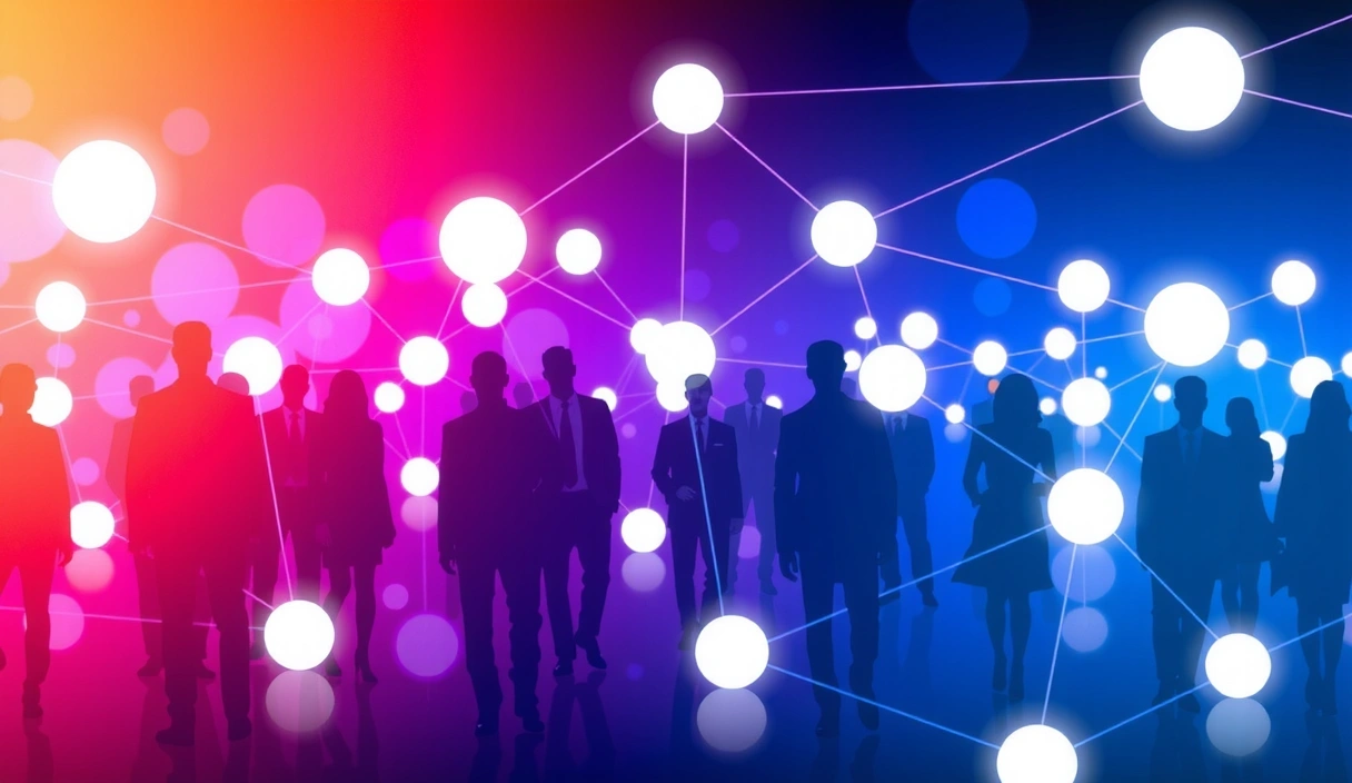 Visualisering av et profesjonelt nettverk med mennesker som kobler seg sammen digitalt.