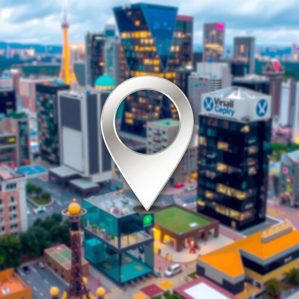 Stylized map pin icon over a city landscape, no text.