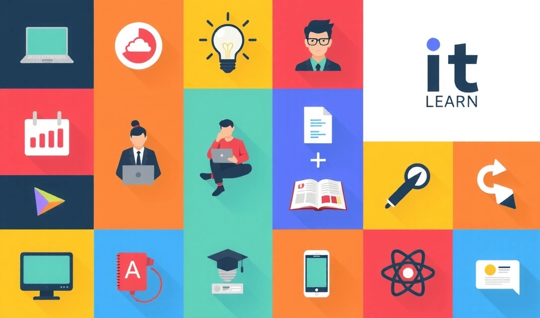 Grid of diverse IT learning icons, modern, clean