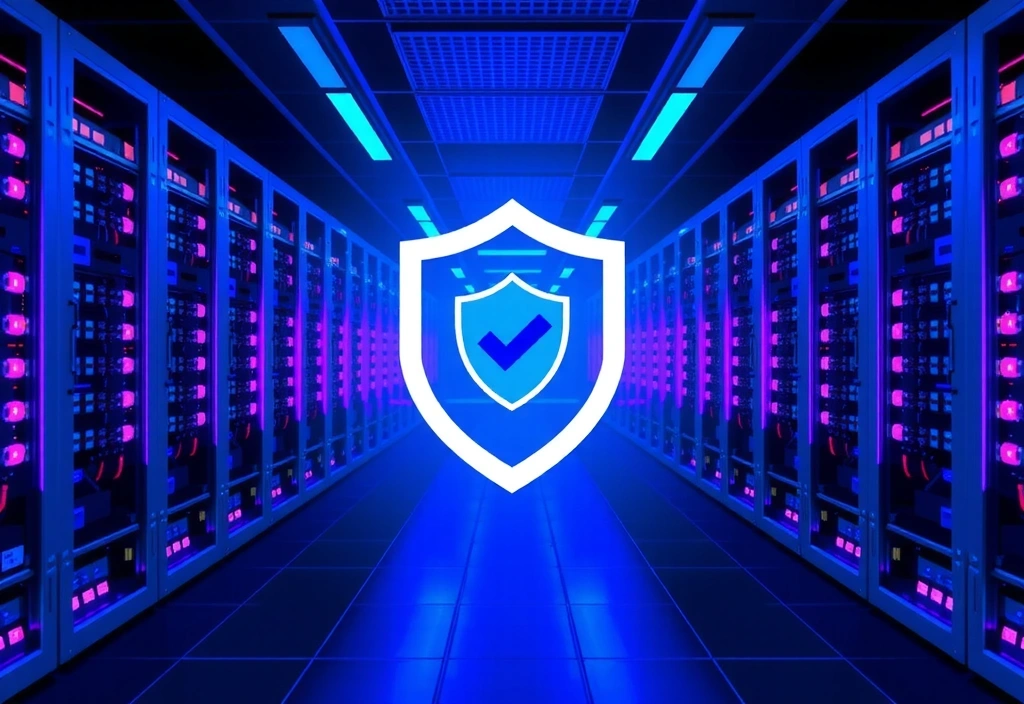Digital representation of secure data storage with server racks and glowing shield icon
