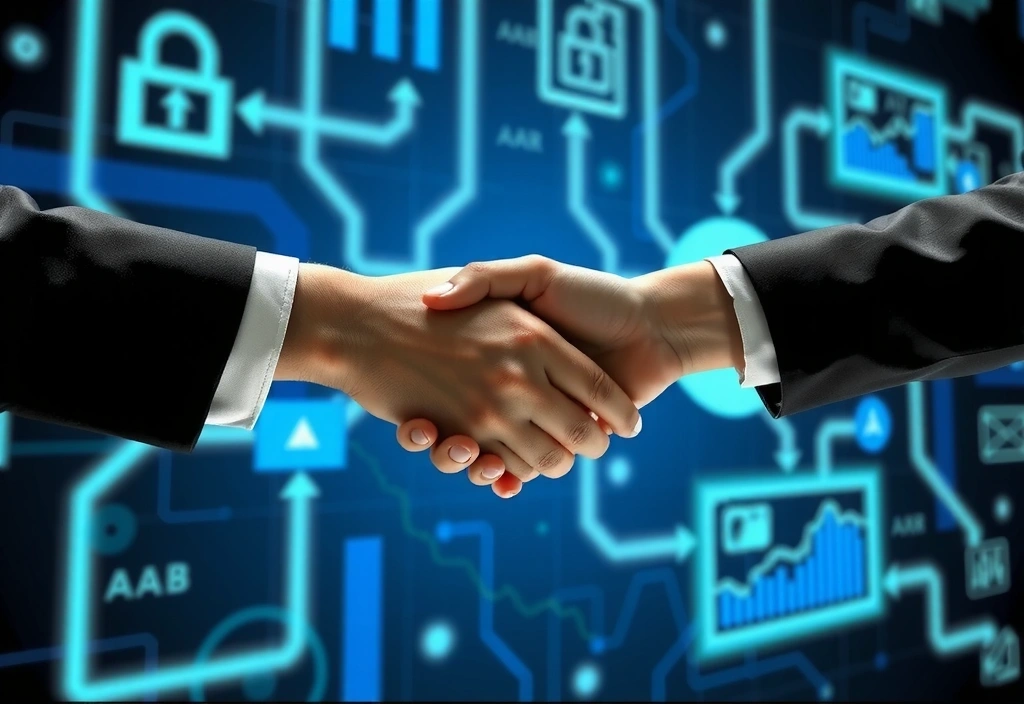 Two hands shaking over a digital interface, symbolizing data sharing and trust