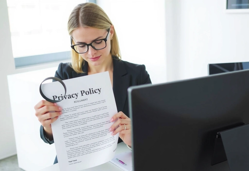 Woman reading a document with a magnifying glass