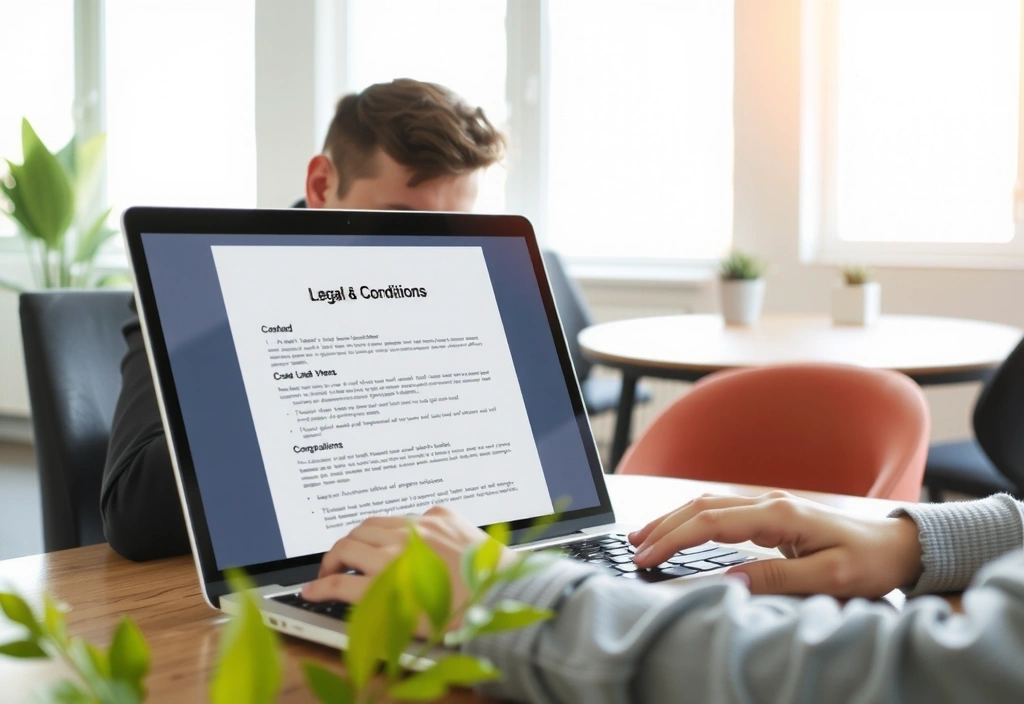 Person studying terms and conditions on a laptop, representing agreement and legal compliance.